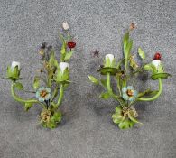 A pair of vintage Italian tole flower two branch wall sconces. H.40cm