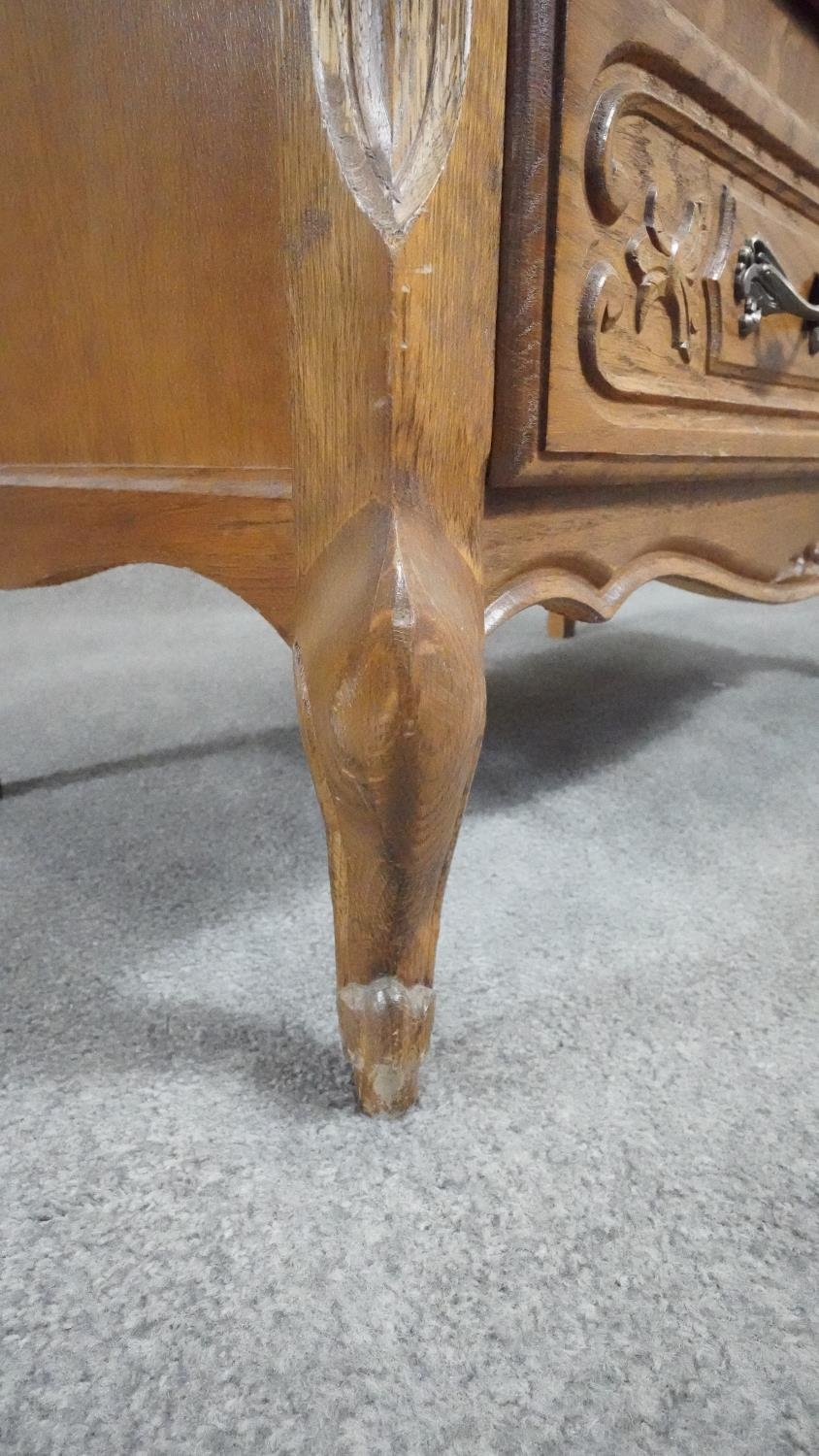 A Continental light oak drinks cabinet with carved fall above two drawers on cabriole supports. H. - Image 8 of 8