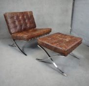 A vintage leather upholstered Barcelona chair and matching footstool after the original design by