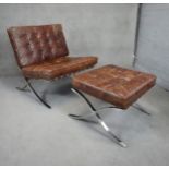 A vintage leather upholstered Barcelona chair and matching footstool after the original design by