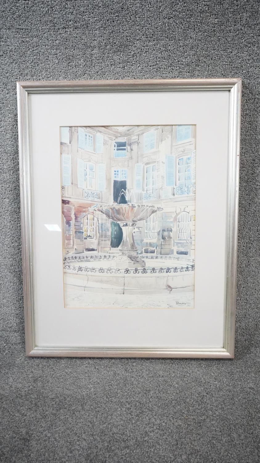 P Maury- A framed and glazed watercolour of a courtyard. Signed by artist. H.66 W.51