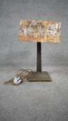 A vintage twin shade brass table lamp with inverted tapering column on square base. H.39cm