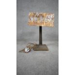 A vintage twin shade brass table lamp with inverted tapering column on square base. H.39cm