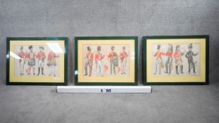 Three framed and glazed watercolour studies of various military uniform theatre costumes, with