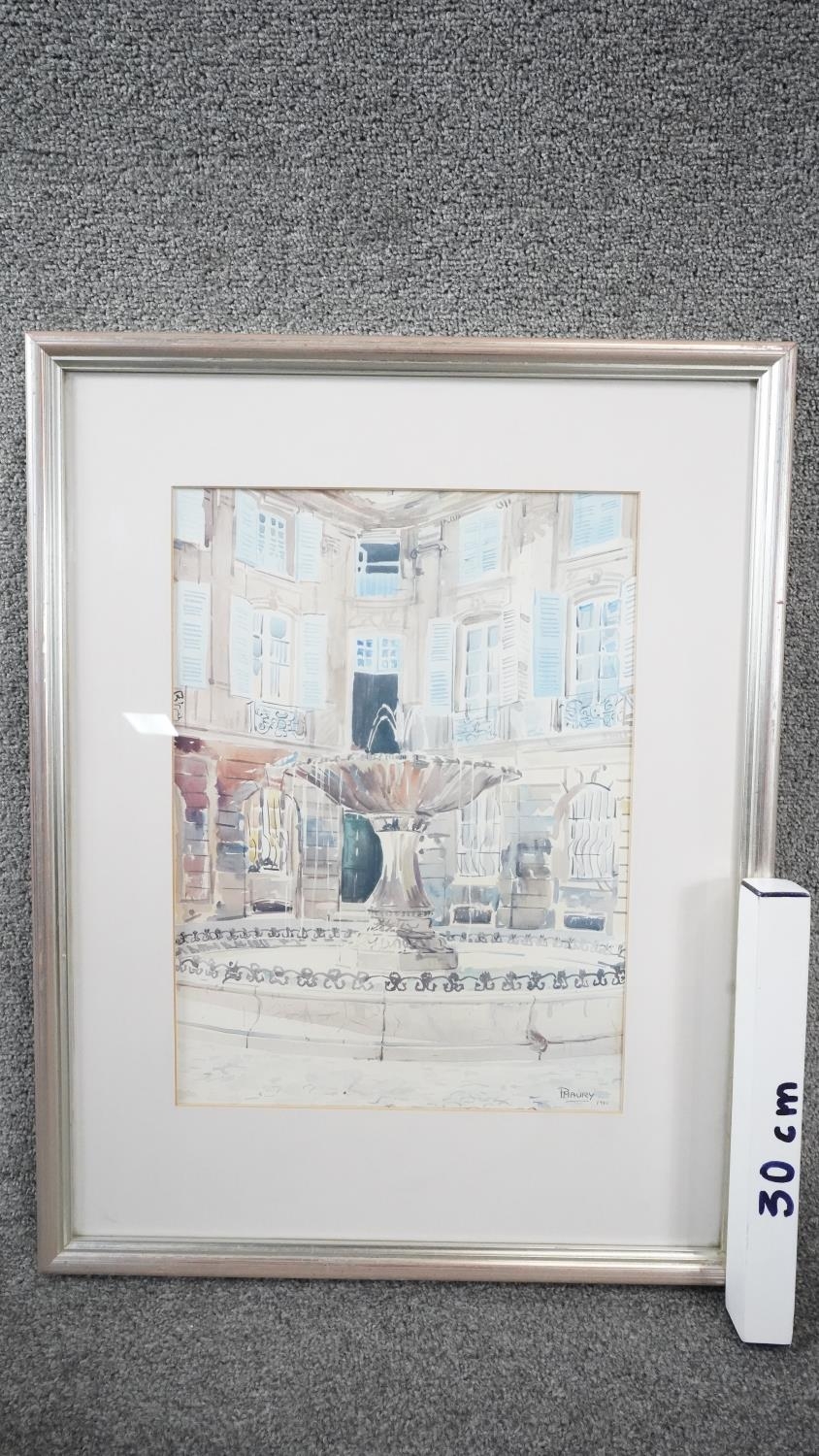 P Maury- A framed and glazed watercolour of a courtyard. Signed by artist. H.66 W.51 - Image 6 of 6