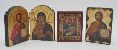 Three modern printed and gilded religious icons. With certificate to back of two, one a handmade