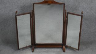 A 19th century mahogany triple dressing table mirror with inlaid yew panel and satinwood