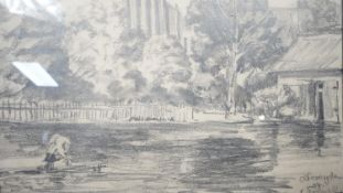 A framed and glazed pencil drawing on paper of a lake scene with wooden house and boat on the