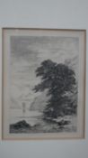 A 19th century framed and glazed etching of a mountain lake with a boat in the background. Titled