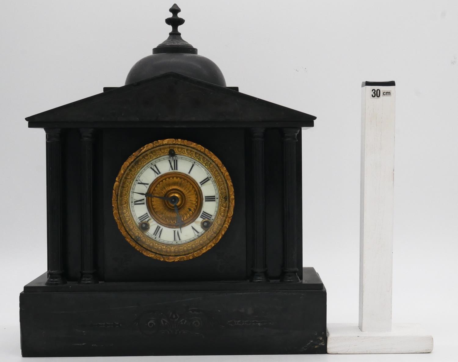 A 19th century slate mantel clock of architectural form with eight day movement. H.40cm - Image 4 of 6