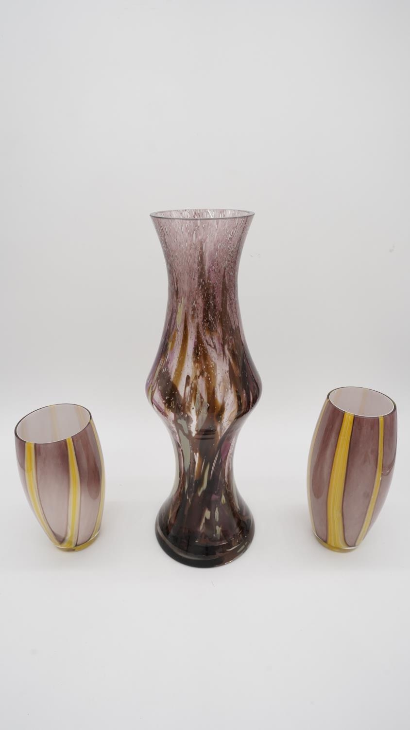 Three Art Glass vases with orange and purple coloured marbling to the clear glass with opaque - Image 2 of 8