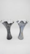 Two Art Glass trumpet vases with ruffled rims, grey and black coloured marbling to the clear glass