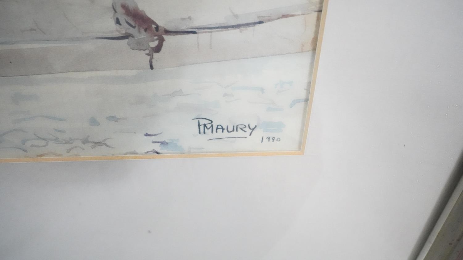 P Maury- A framed and glazed watercolour of a courtyard. Signed by artist. H.66 W.51 - Image 3 of 6