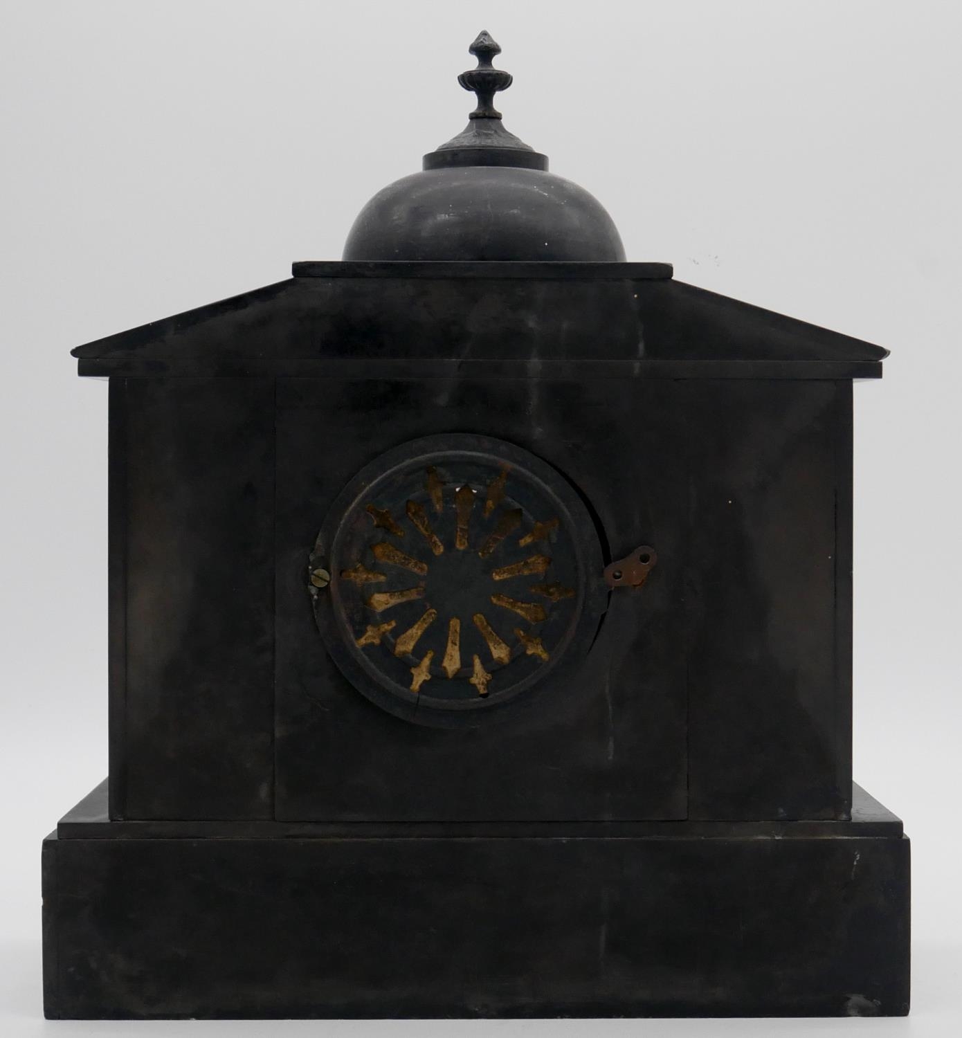 A 19th century slate mantel clock of architectural form with eight day movement. H.40cm - Image 2 of 6