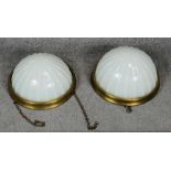 Two vintage moulded milk glass domed uplighters with brass fittings. D.32cm