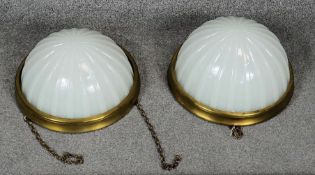 Two vintage moulded milk glass domed uplighters with brass fittings. D.32cm