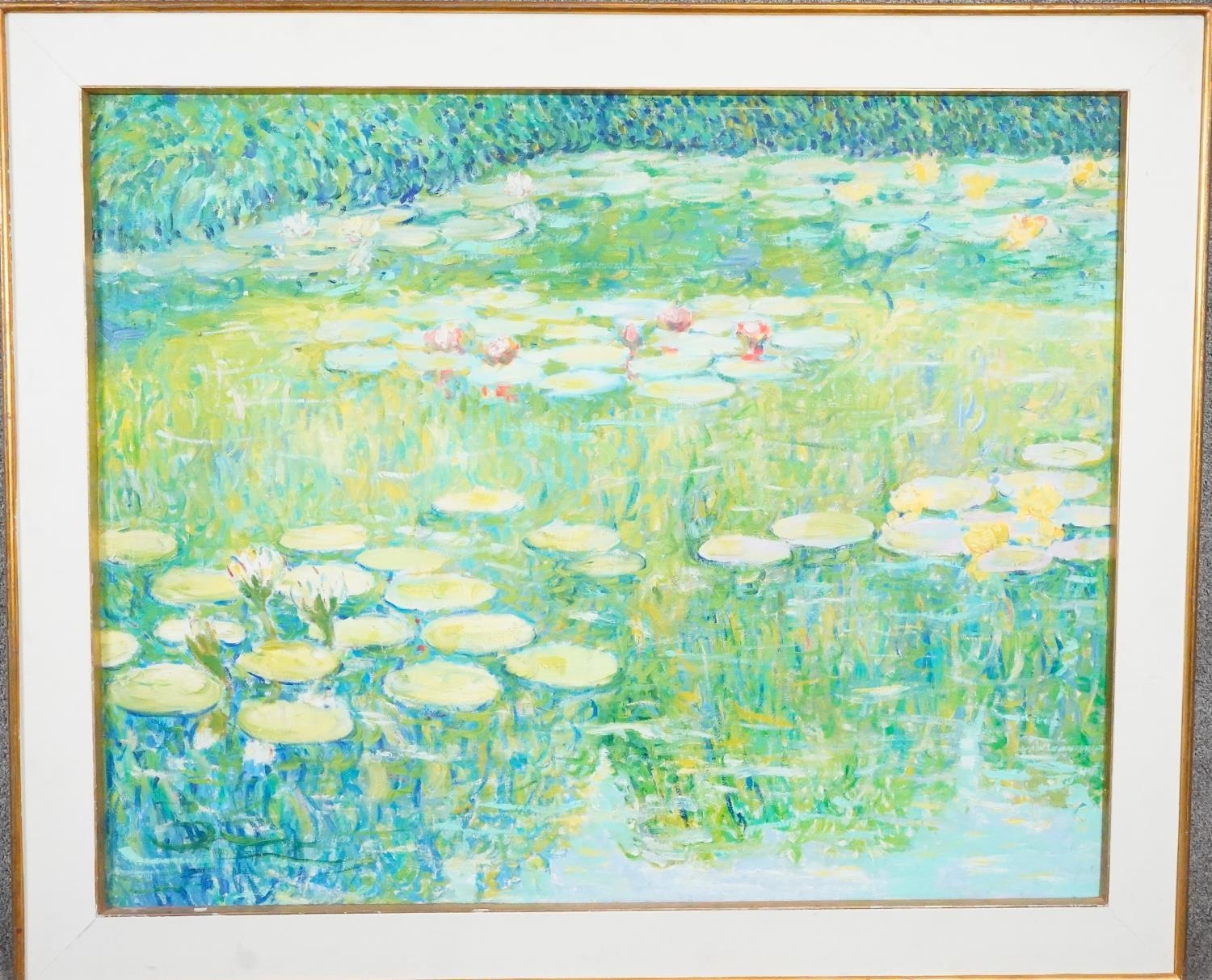 A large oil on canvas in the manner of Monet's Water Lilies. H.111 W.134cm - Image 3 of 4
