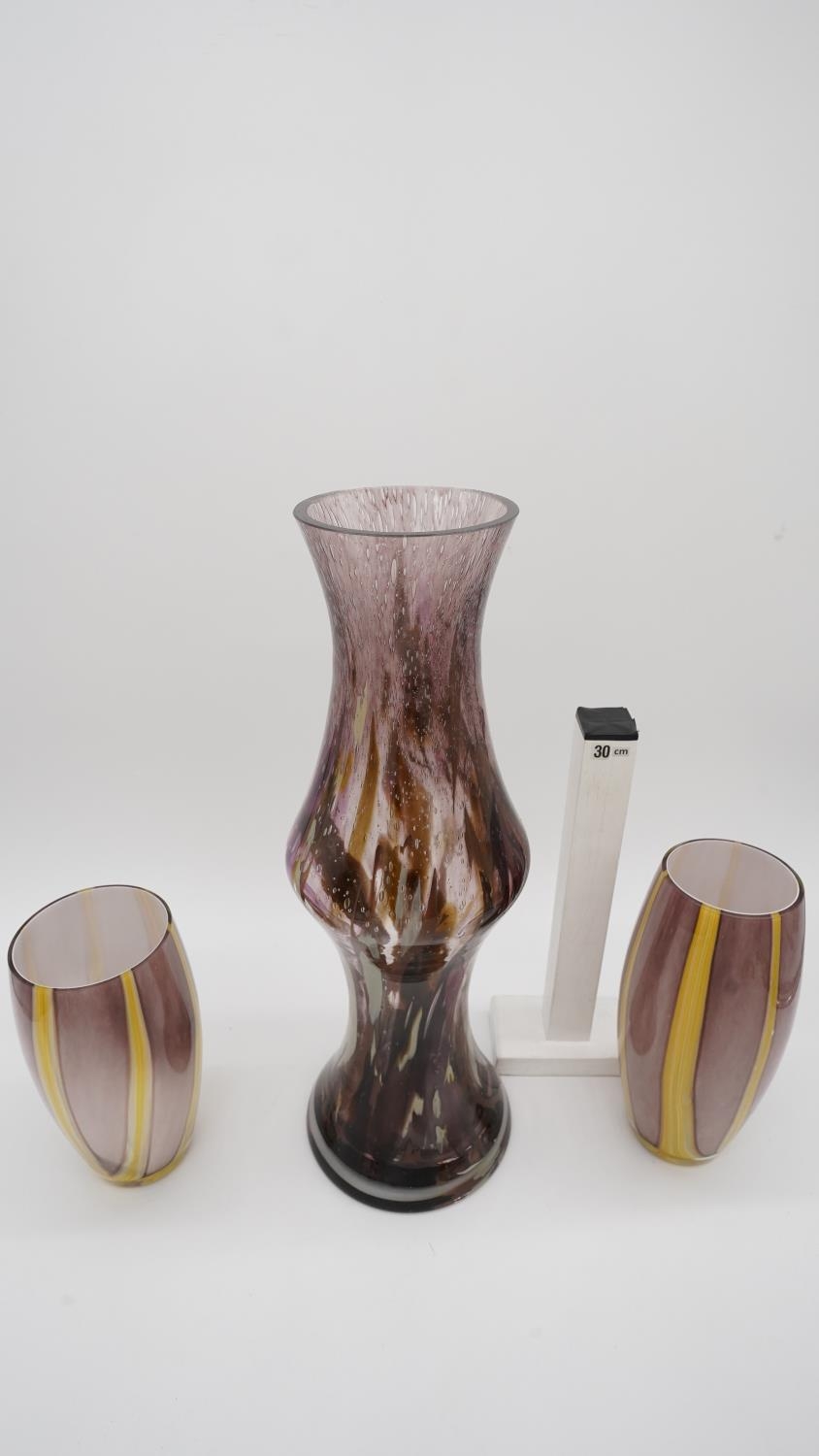 Three Art Glass vases with orange and purple coloured marbling to the clear glass with opaque - Image 3 of 8