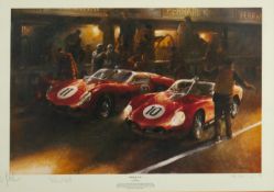 Ferrari Duel by Alan Fearnley- A framed and glazed signed print. 279/500. H.60 W.77cm