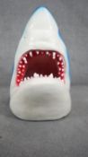 A large vintage painted fibreglass sharks head with open mouth. H.83 W.54 D.76cm