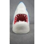 A large vintage painted fibreglass sharks head with open mouth. H.83 W.54 D.76cm