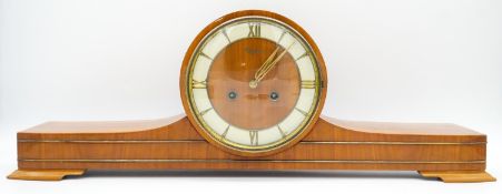 A mid century Art Deco style walnut cased mantel clock with eight day movement. H.24cm