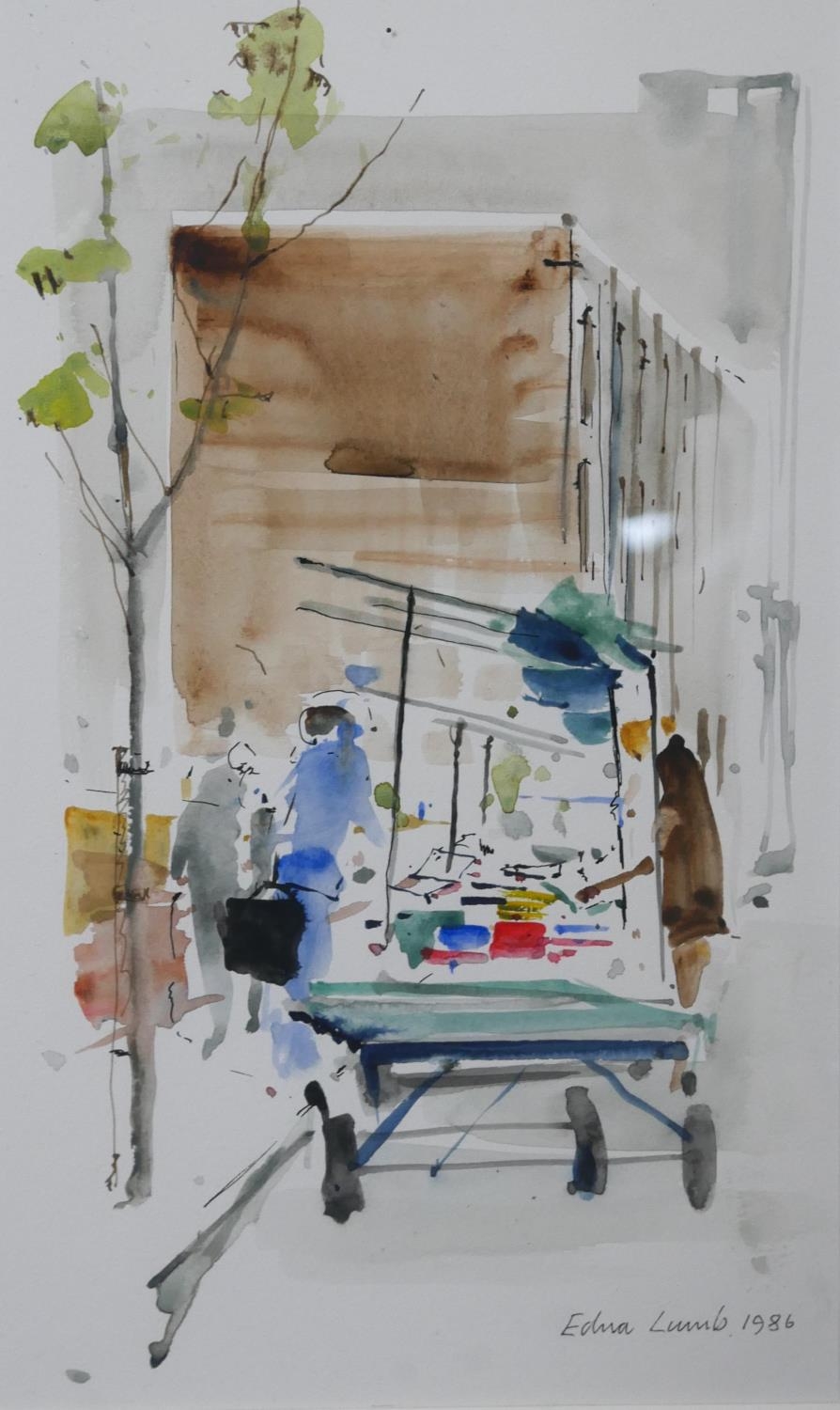 Edna Lumb- A framed and glazed watercolour on paper of a market street, signed and dated with - Image 4 of 9