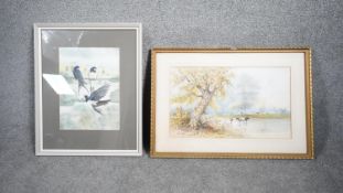 Two framed and glazed watercolours. One of a river with cows and one of swallows. H.46 W.66