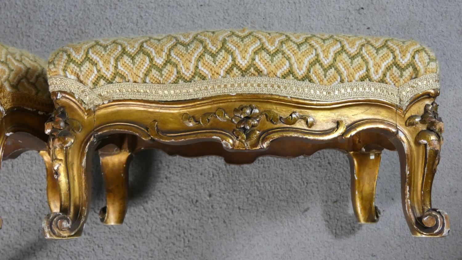 A pair of late 19th century carved giltwood footstools in tapestry upholstery on squat Rococo carved - Image 4 of 10