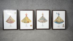 Four framed and glazed signed collages of dress mannequins made of maps. Indistinctly signed. H.51