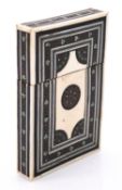A early 20th century Indo-Persian inlaid micro mosaic wooden card case with geometric design. L.9cm