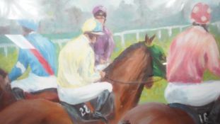 A framed oil on canvas, racehorses before the start, signed and dated J Hickey. H.44 W.54cm
