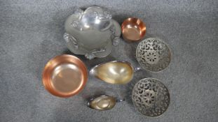 A collection of silver and copper items. Including an Art Nouveau style waterlily pedestal bowl, two