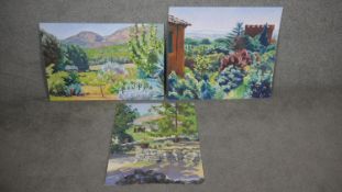 Michael Wilson- Three unframed oils on board of landscapes. Signed verso by artist. H.56 W.71cm