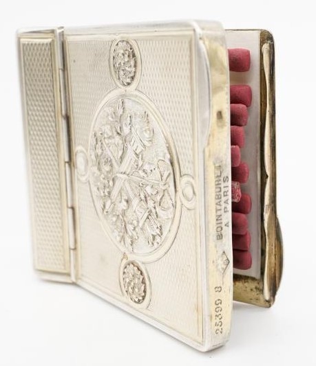 Two sterling silver match books. One French with repousse design, one side with oval cartouche - Image 2 of 11