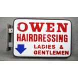 A vintage wall mounted light up advertising sign for Owen Hairdressing. (Bulbs missing) H.68 W.106