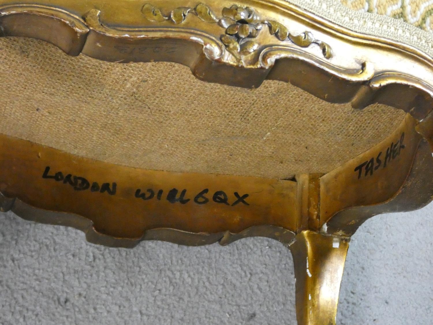 A pair of late 19th century carved giltwood footstools in tapestry upholstery on squat Rococo carved - Image 10 of 10