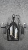 An aged wrought iron Gothic style lantern ceiling light. Along with two wall mounted Gothic style