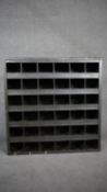 A vintage industrial style metal bank of thirty six pigeon holes. H.92 W.91 D.16cm