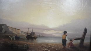 A 19th century gilt framed oil on board, children on a beach, unsigned. H.69 W.86cm