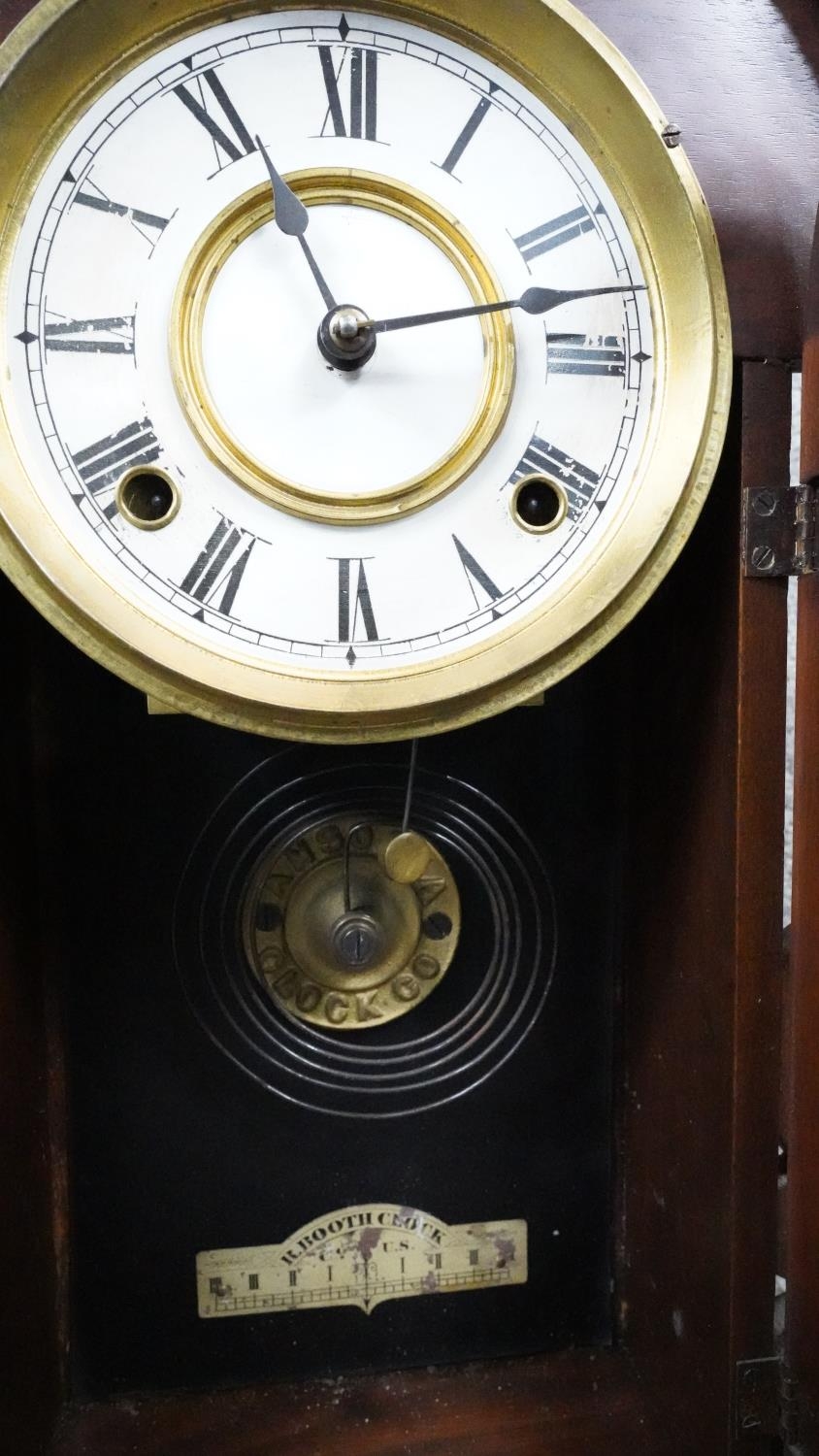 A late 19th century mahogany cased American mantel clock with eight day movement. No Key. H.60 W. - Image 3 of 5