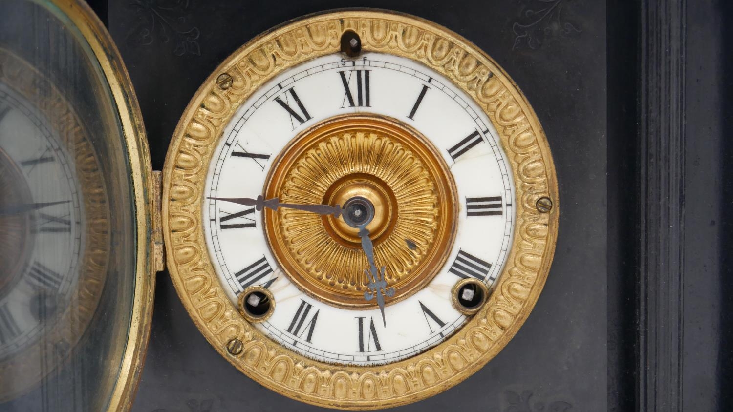 A 19th century slate mantel clock of architectural form with eight day movement. H.40cm - Image 6 of 6