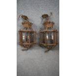A pair of Baroque style heavy bronze and glass electric hanging lanterns. H.98cm