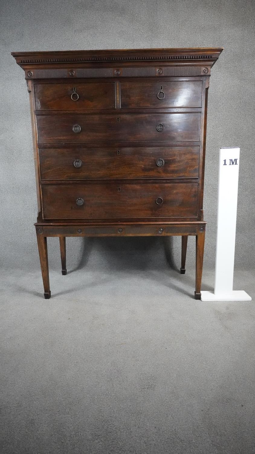 A 19th century mahogany chest on stand with dentil cornice above two short and three long drawers on - Image 4 of 4