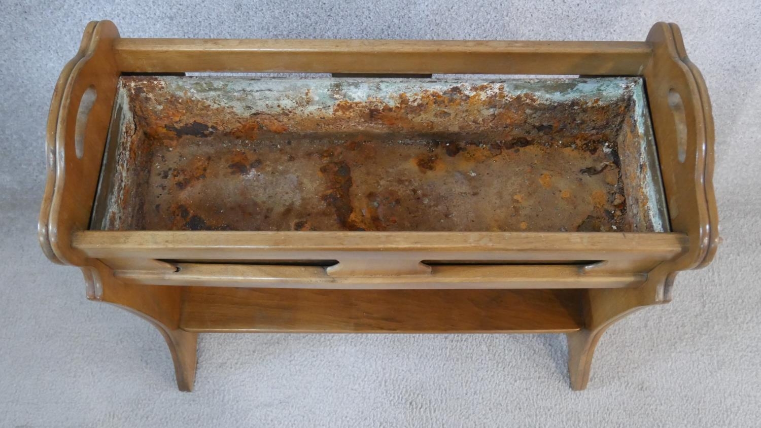 A late 19th century walnut plant trough stand with fitted zinc liner. H.55.5 L.58 W.26cm - Image 3 of 3