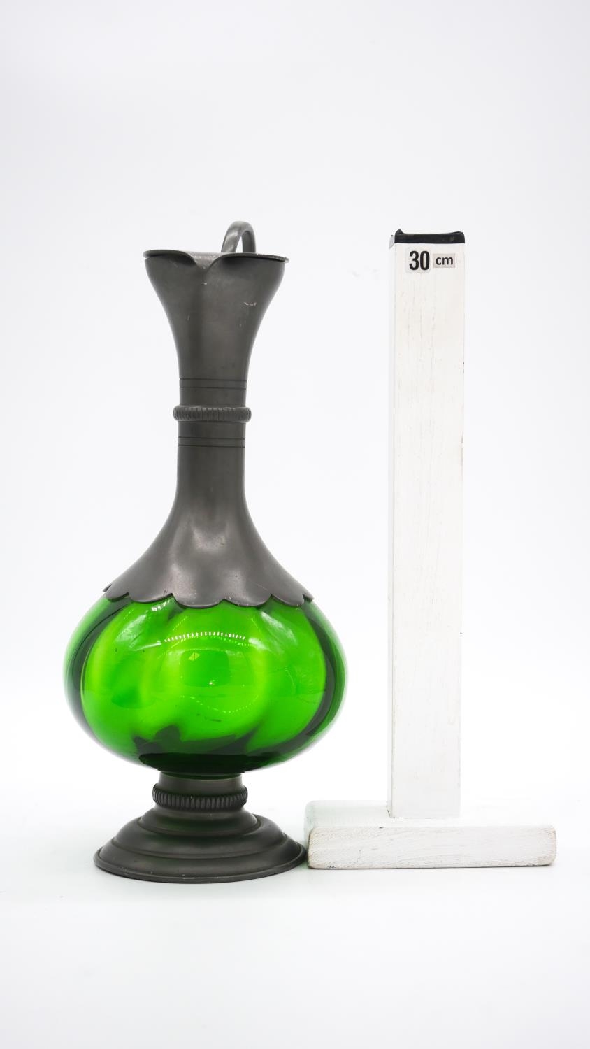 A French Art Nouveau style green glass and pewter ewer with hinged lid. Makers stamp to the base. ' - Image 4 of 4