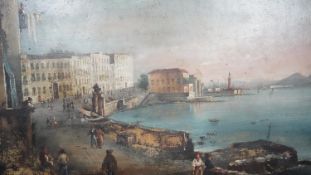 A 19th century gilt framed oil on canvas, Mediterranean harbour scene with figures, unsigned. H.35