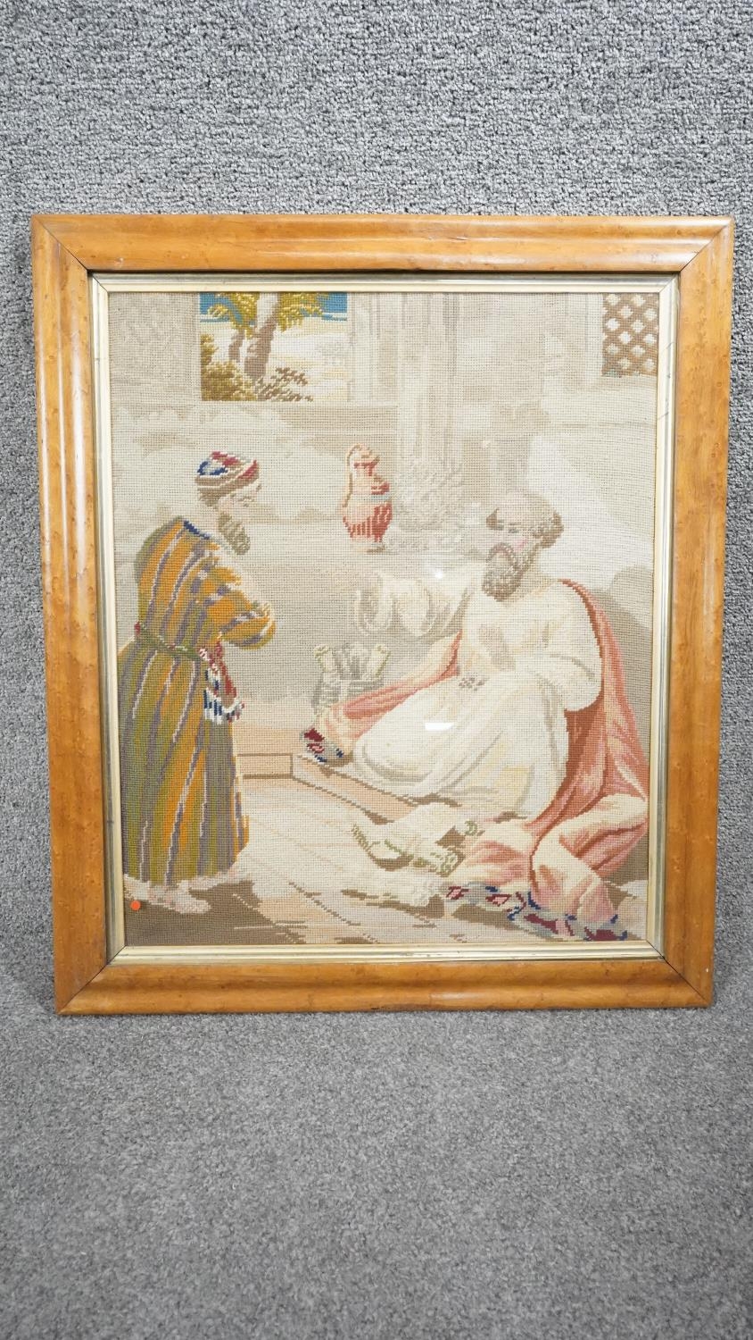 An antique framed and glazed cross stitch tapestry of a Sultan being visited by one of his subjects. - Image 2 of 4