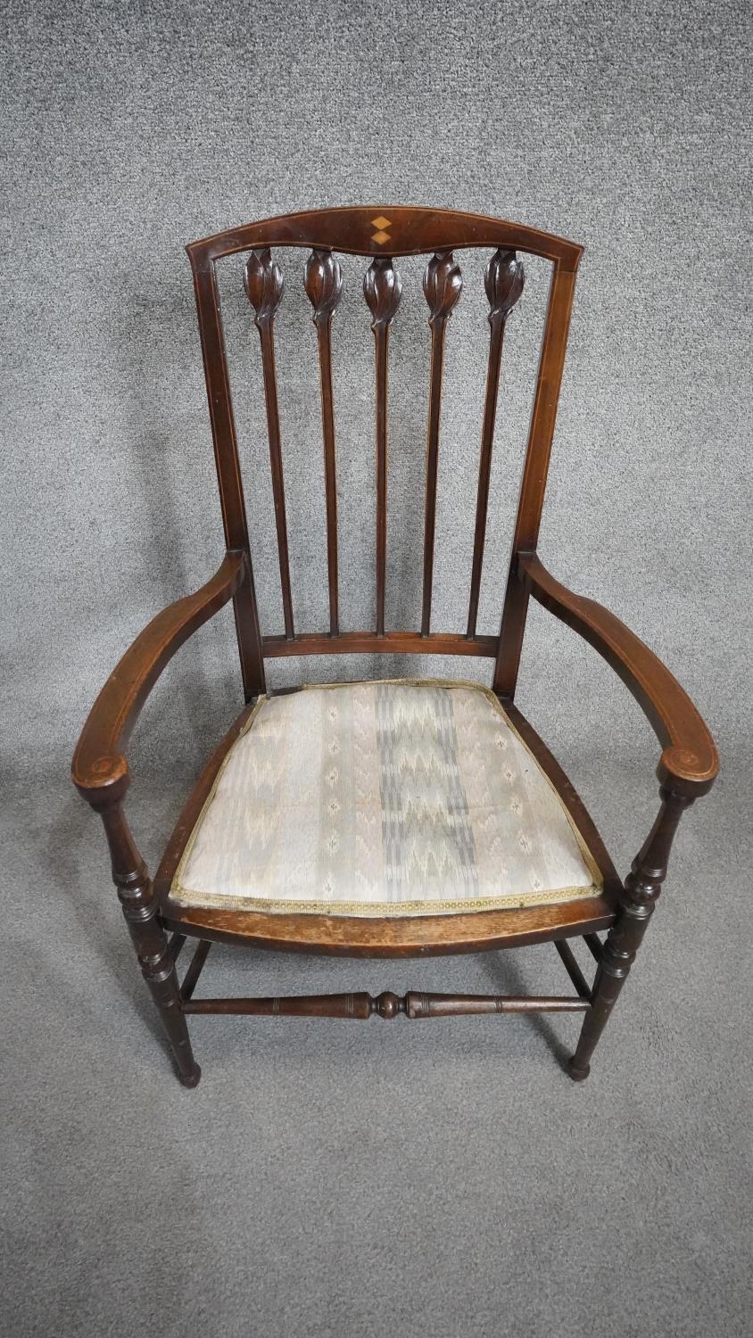 A late 19th century mahogany and satinwood inlaid armchair with Art Nouveau style tulip carved - Image 2 of 4