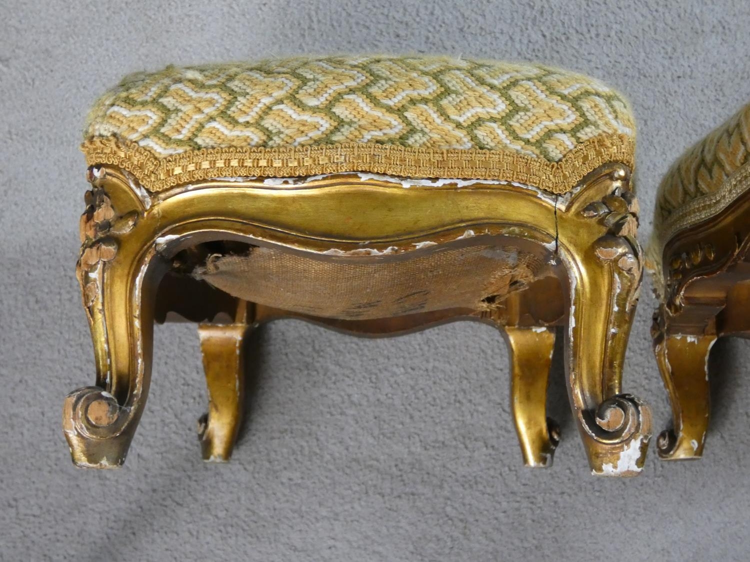 A pair of late 19th century carved giltwood footstools in tapestry upholstery on squat Rococo carved - Image 7 of 10